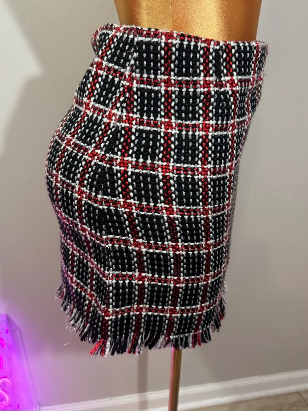 GB girls Black, Red & White Plaid Tweed Fringe Mini Skirt